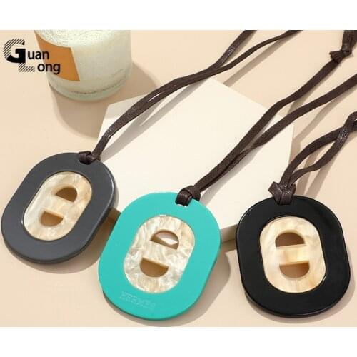 GuanLong Fashion Geometric Resin Pendant Necklace Adjustable Brown Leather Rope Necklaces For Women