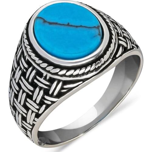 Solid 925 Sterling Silver Knitting Design Flat Turquoise Stone Mens Ring