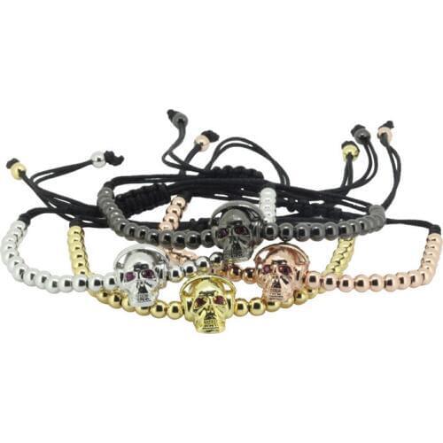 Anil Arjandas Skull Helmet Head Charm Bracelet for Men , 24K Gold Color Balls Weave Adjsutable Length Bracelet