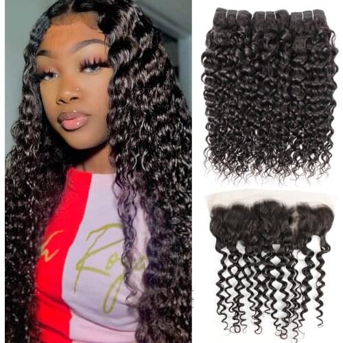 MOGUL HAIR Brazilian Water Wave Bundles With Frontal 2/3 Bundles With 4x13 Lace Frontal Remy Human Hair weave Extension