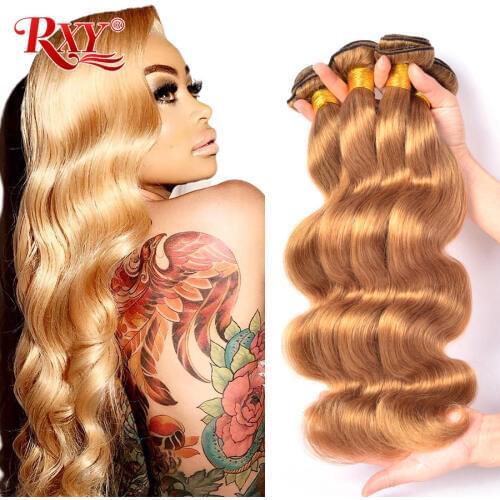 RXY Honey Blonde Brazilian Hair Weave Bundles Body Wave 1/3/4pcs #27 Color 100% Human Hair Bundles Remy Hair Weaves Extension