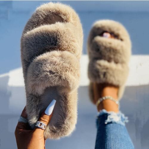 House Women Furry Slippers Winter Soft Faux Fur Warm Flats Rubber Sole Non Slip Home Slides Luxury Casual Shoes Ladies Female