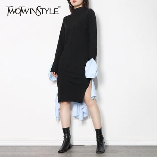 TWOTWINSTYLE Casual Irregular Hem Autumn Sweater For Women Turtleneck Bell Sleeve Long Knitted Pullovers Female Fashion 2021