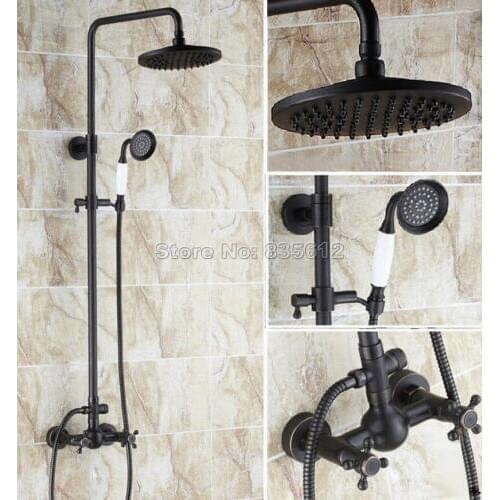 Bathroom Black Oil Rubbed Bronze Rain Shower Faucet Set with Handheld Shower Head / Wall Mounted Cross Handles Mixer Taps Wrs414