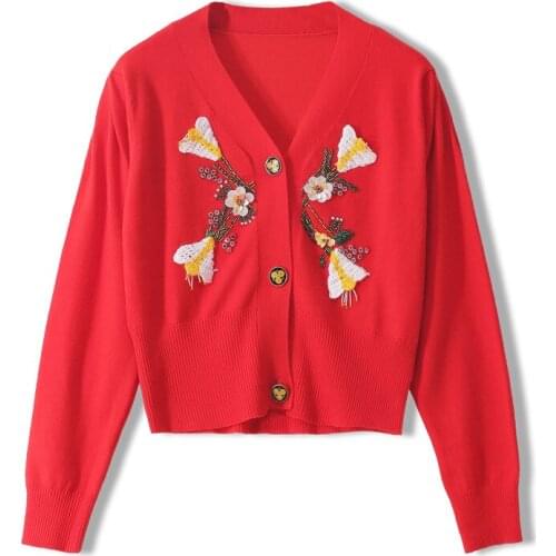 Japan Style Women Autumn Short Cardigan Female V-neck Coat Sequins Diamonds Embroidery Casual Beading Floral Knitted Outwear