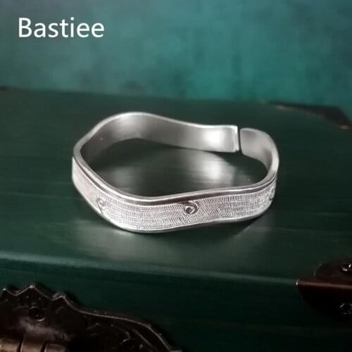 Bastiee 999 Pure Silver Wave Bangles For Women Bracelet Hmong Handmade Luxury Jewelry Frosting Bangle Chinese Vintage Jewellery