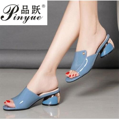New Arrivals Summer Slippers For Woman Slides Sandals No Heels Patent Leather Shoes Open Toe Brand Flats Wide Foot Black