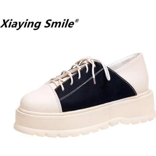 Xiaying Smile Women Heel Pumps New Arrive Fashion Casual Shoes Korean Style Flatform Thick Soled Shoes Female Mixed Color Shoes