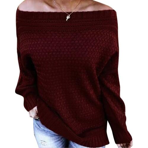 Women Thermal Sweater Wine Red Solid Color Long Sleeve Off-the-shoulder Pullovers Tops