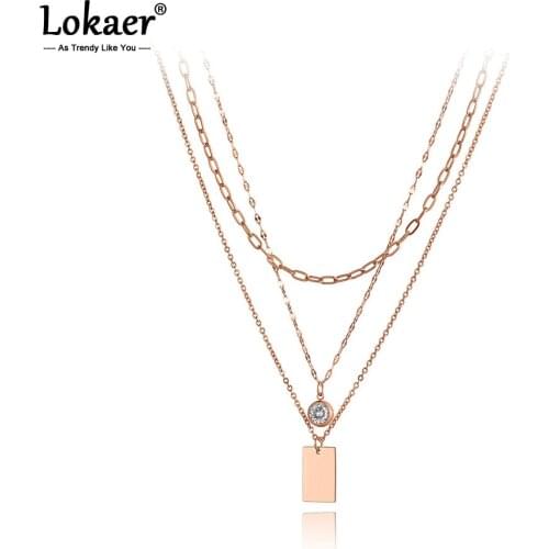 Lokaer Trendy Three-layer Rectangle Charm Pendant Necklaces Titanium Stainless Steel CZ Crystal Choker Necklace For Women N20096