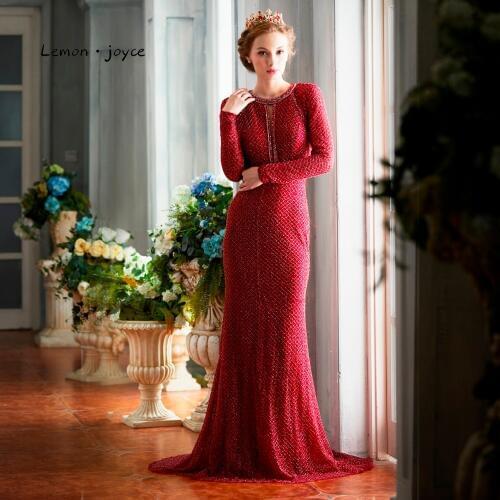 Lemon joyce Wine Red Evening Dresses with Long Sleeves 2020 Elegant O-neck Beading Sexy Backless Mermaid Evening Gowns Plus Size