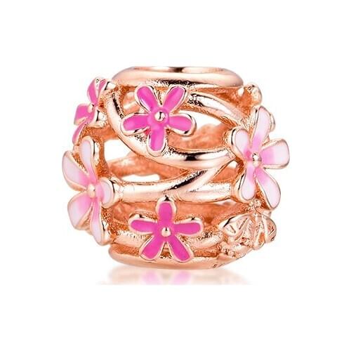 2020 New Rose Golden Pink Flower Charms for Chain Bracelets Women 925 Sterling Silver Jewelry Making