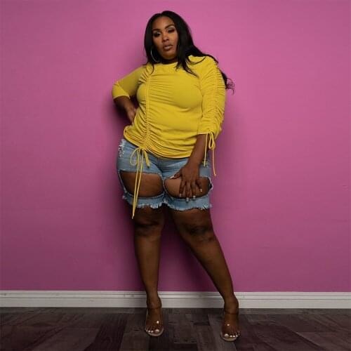 ZJFZML ZZ Women Clothing Top Plus Size Solid Ruched Drawstring Three Quarter Sleeve Slim Fit T-shirts Dropshipping Wholesale