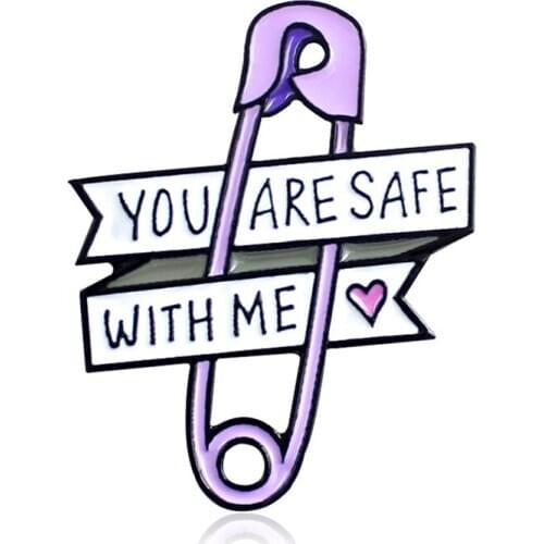 1Pcs Love Ribbon Pin Brooch Purple Paper Clip Heart You Are Safe With Me Enamel Pin Jeans Backpack Badge Friends Kids Gifts