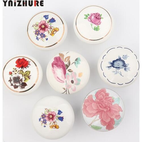 1PCS Ceramic Cartoon Art Flower pattern Handles and Knobs Children Room Country Drawer Round handle Door Pulls Furniture Hardwar