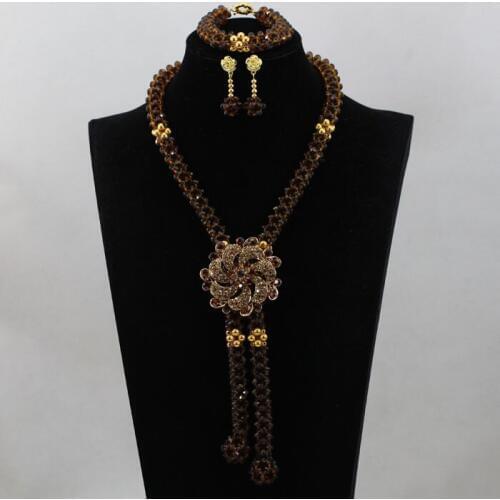 2016 Smart Nigerian Wedding African Beads Jewelry Set Brown Fancy Crystal Beads Bridal Necklaces Accessory Free Shipping ALJ688