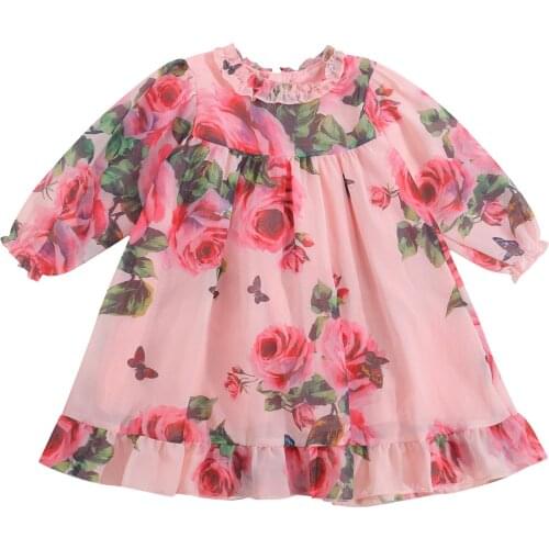 2021 Baby Rose Flower Print Dress Girl Floral Baby Dress Toddler Girl Dresses Summer Dresses for Girls Chiffon Girls Dress