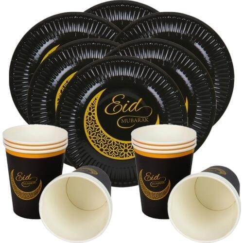 6pcs Disposable Tableware Paper Plates Cups Ramadan Eid Mubarak Islamic Muslim Ramadan Decoration Festival Party Supplies