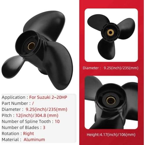 9 1/4 X12 Marine Engine Outboard Propeller 10 Spline Teeth 3 Blade Rotating Propeller for Suzuki 2-20Hp