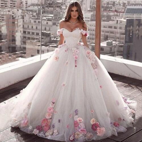 Ball Gown Wedding Dresses 2021 Sweetheart Off Shoulder 3D Flower Bridal Dress Sweep Train Plus Size robe de mariage