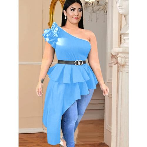 Plus Size Tops One Shoulder Long Blouse Women Irregular Ruffles Party Club Wear Cotton Shirts Summer Clothing Dropshipping 2021