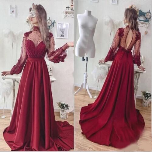 Burgundy A Line Prom Dresses 2020 Sheer Long Sleeves Beads High Collar Illsuion Back Formal Evening Party Gowns Sweep Train Plus