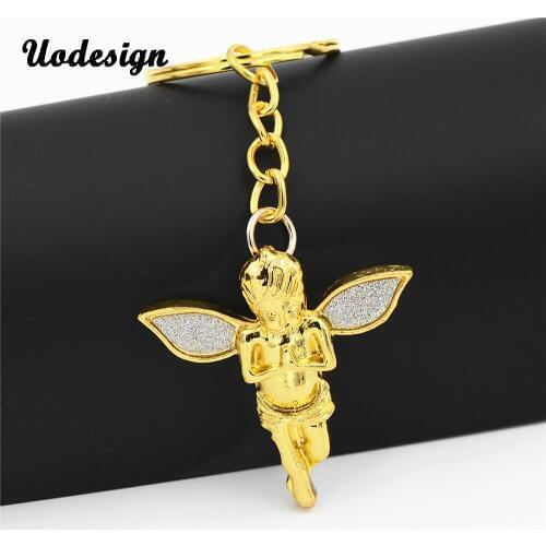 Uodesign HIP Hop Gold Color Alloy Ice Out Bling Angle Stereoscopic Angle Pendant Keychain for Men Christmas Gift for Men