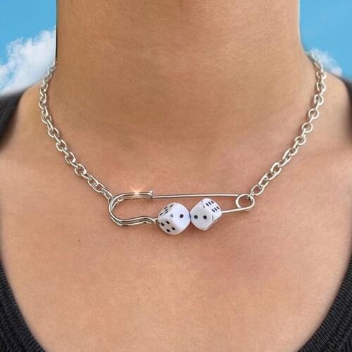 Goth Pin Dice Necklace for Women Metal Punk Hiphop Cool Rock Handmade Vintage Key Necklace Charms Jewelry 90s Aesthetic 2021