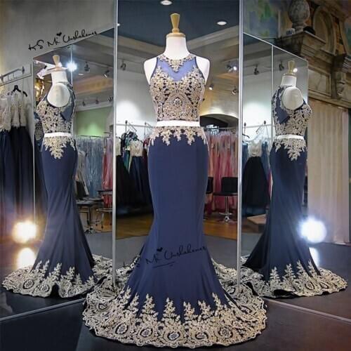 Abiye Gece Elbisesi Navy Blue Gold Lace Evening Dresses Long 2018 Women Special Occasion Gowns Two Piece Prom Dress Mermaid