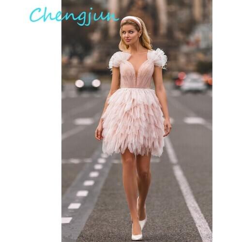 Chengjun Bride Elegant V Neck Beaded Pearls Ruffles Short Pink Wedding Dress