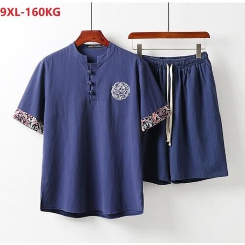 Summer Men Japan style Short Sleeve Tshirt and shorts linen plus size 8XL vintage tang suit embroidery floral oversize tees 70