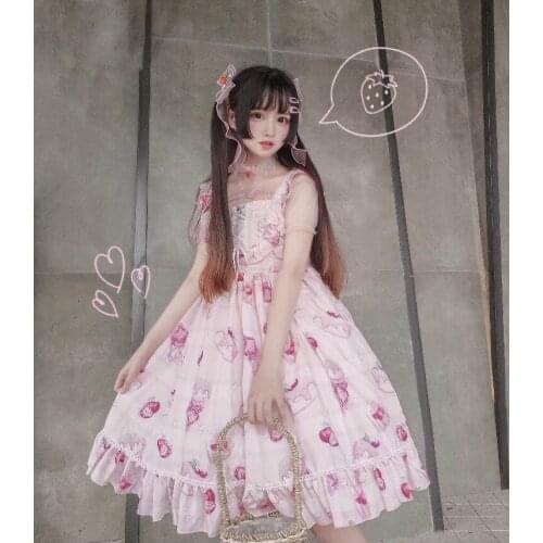 Harajuku Kawaii Jsk Lolita Dress Women Victorian Cherry Dessert Pink And Purple Sleeveless Lace Princess Tea Party Sling Dress