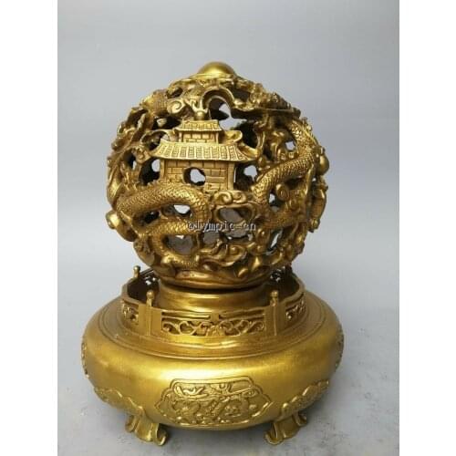 13'' brass home fengshui luck rotate dragon palace Dragon statue