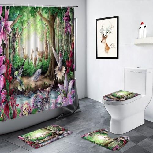 Forest Elk Birds Shower Curtain Trees Flower Green Plant Deer Cartoon Animal Hand Painted Art Bathroom Non-slip Rug Bath Mat Set