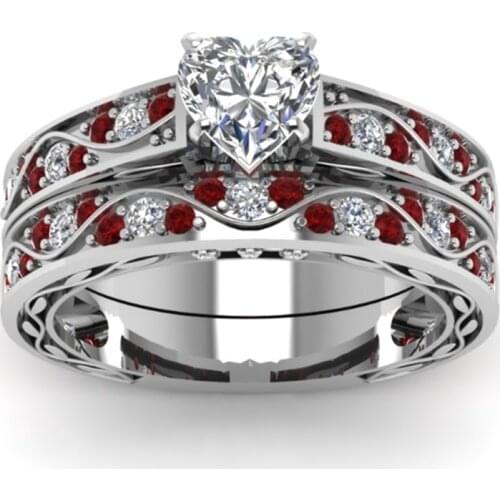 Fashion White/Red Rhinestones Zircon Heart Rings Exquisite Women Rings Set For Women Jewelry Engagement Wedding Band Girl Gift