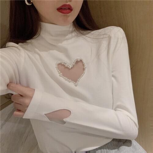 2021 Fall Winter Warm Velvet turtleneck long sleeve Pearl t shirt tops for women full sleeves casual slim tees tshirts C243