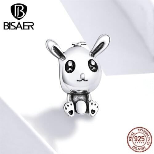Easter Rabbit Charms BISAER 925 Sterling Silver Lucky Easter Rabbit Animal Beads Charms for Bracelets Jewelry Making ECC1467