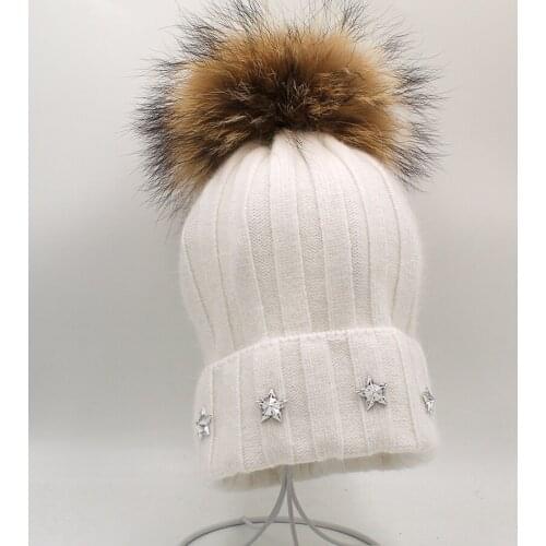 Thick Winter Hats For Women angora Beanies Hat knitted wool warm Beanie With Back 2020 New Silver stars