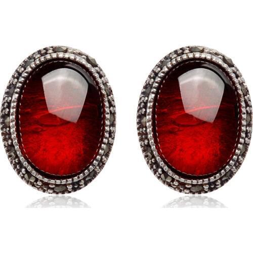 Authentic 925 Sterling silver Retro oyal palace style red Natural semi-precious stones girls Garnet stud Earrings Women jewelry
