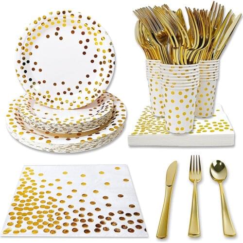 Tableware White Gold Party Supplies Golden Dot Disposable Dinnerware Sets Paper Plates for Graduation Birthday Cocktail Decor