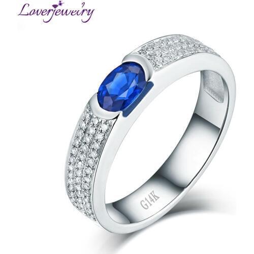 LOVERJEWELRY Luxury Man Rings Natural Blue Sapphire Mens Ring Solid 14K White Gold SI Clarify Diamonds Fine Jewelry For Husband