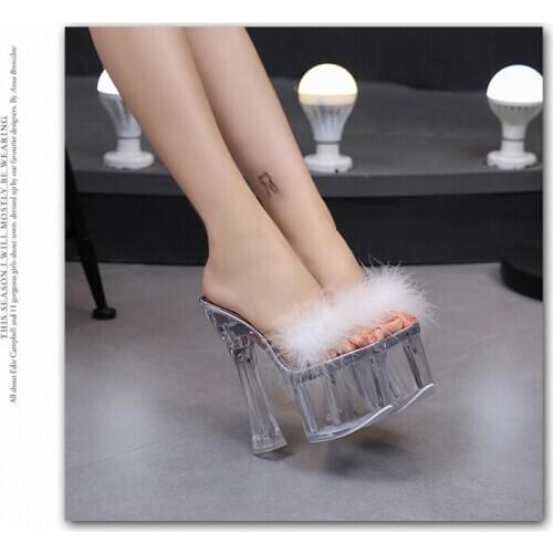 Women Summer Sandals Shoes Transparent Fur Waterproof Ladies Shoes Sexy High-Heels Platform Slippers Female Shoes