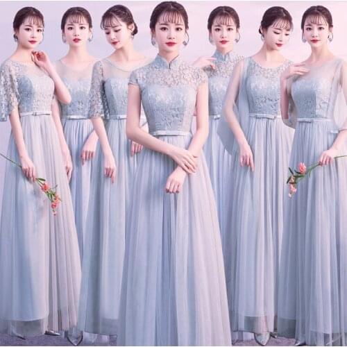 Sexy lace A-line Prom Wedding Party Sister Long Dusty Blue Purple Gray Pink purple Bridesmaid Dresses Wedding Guest Dress 850