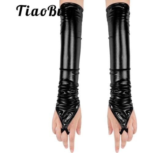 Tiaobug Women Ladies Bridesmaid Gloves Metallic Fingerless Long Bridal Gloves with Rivets for Night Club Dancewear Party Favors