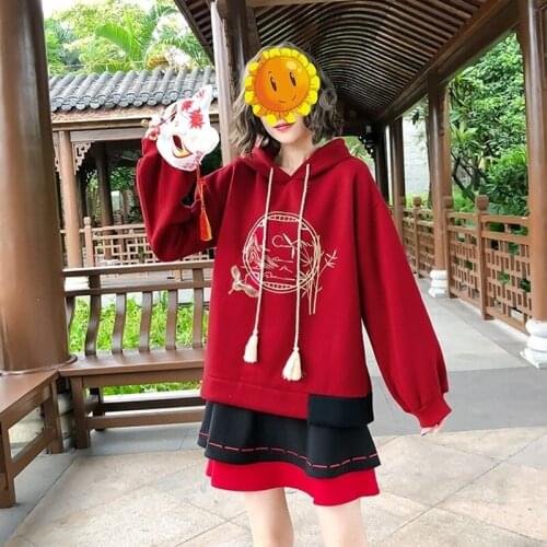 Chinese Style Hooded Cheongsam Top Embroidery Sweatshirt Asian Streetwear Hanfu Women Buckle Harajuku Tops Cute Hoodie 12690