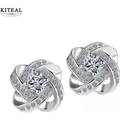 KITEAL Vintage Love silver plated Girlfriend stud earrings Four-leaf clover, zircon women earrings wedding decoration