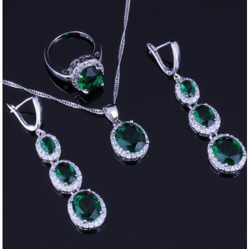 Adorable Oval Green Cubic Zirconia White CZ Silver Plated Jewelry Sets Earrings Pendant Chain Ring V0034