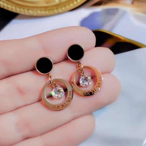 High Quality Roman Digital Titanium Steel Earrings Women Luxury Zircon Shell Earring Party Gift