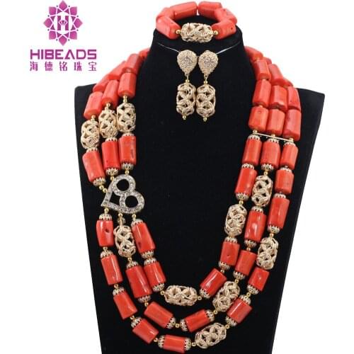 Women Coral Jewelry Sets Exclusive Gold Accessory Bridal Jewelry Set African Traditional Wedding Beads Free Shipping CNR808