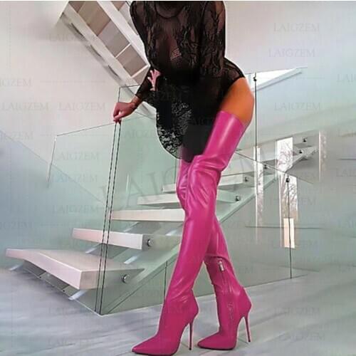 LAIGZEM Women Boots Thigh High Boots Sping Summer Stretch Faux Leather Over Knee High Heels Boots Shoes Ladies Large Size 38 47